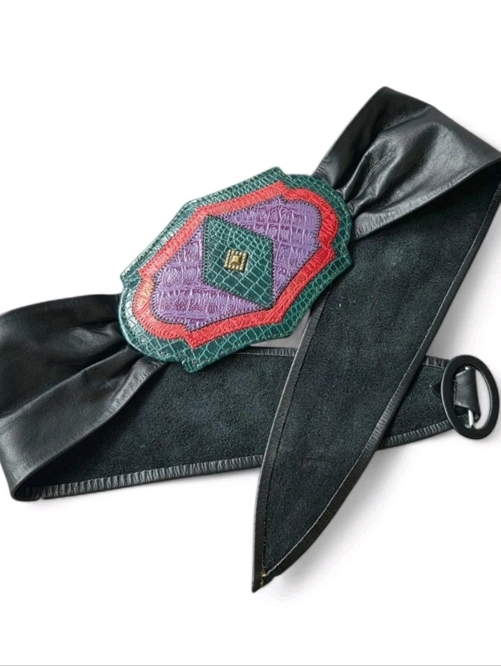 Vintage Astor Wide Leather Belt Statement Patchwork Buckle 80s